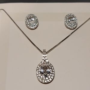 Oval white sapphire double halo sterling silver pendant & stud earrings set